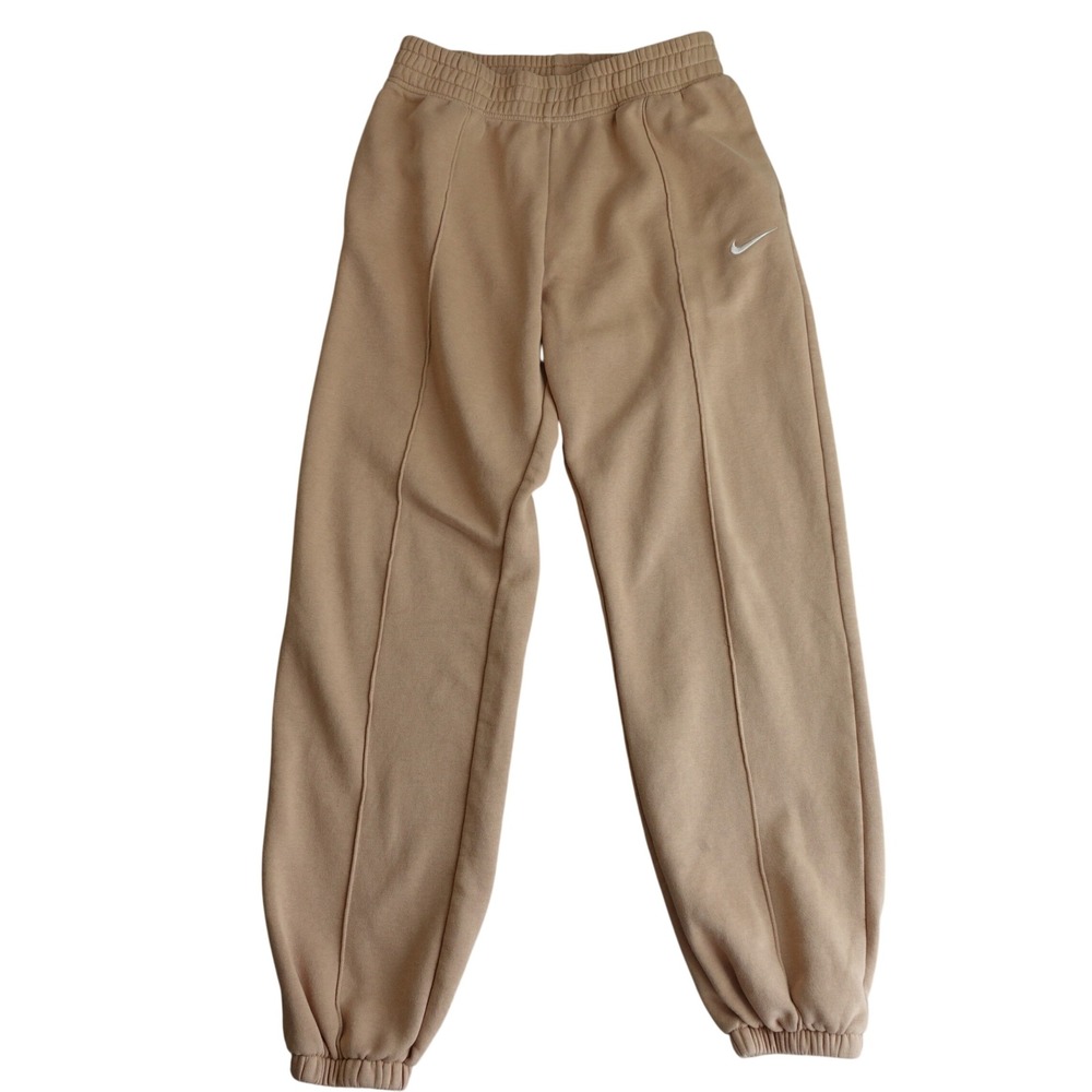 Nike Essential Fleece Joggers Womens S Tan Pintuck Wide Leg Baggy Sweatpants